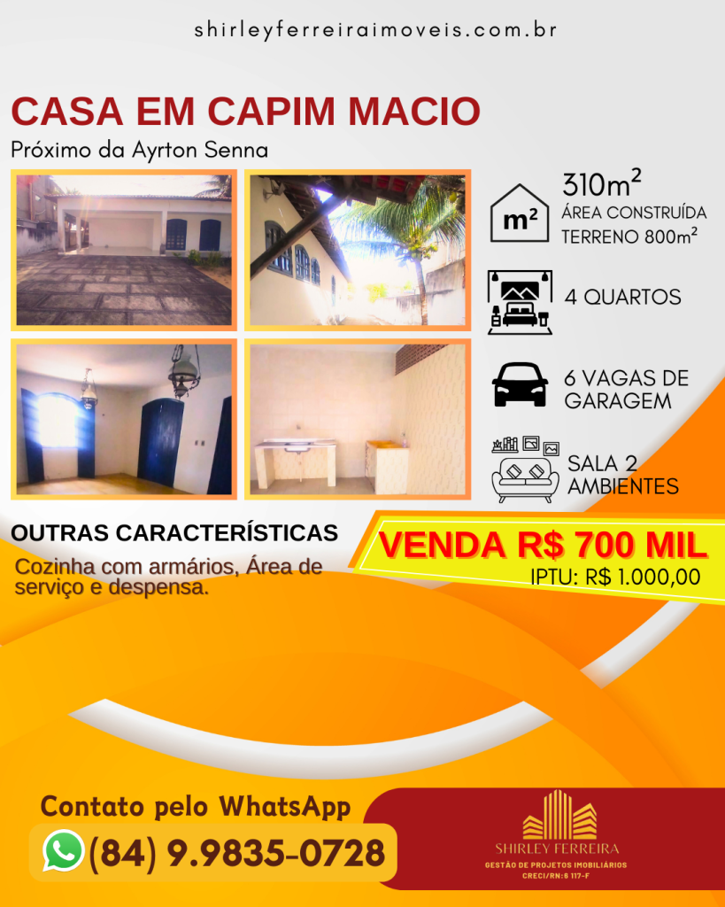 Casa em Capim Macio à venda por 700 Mil